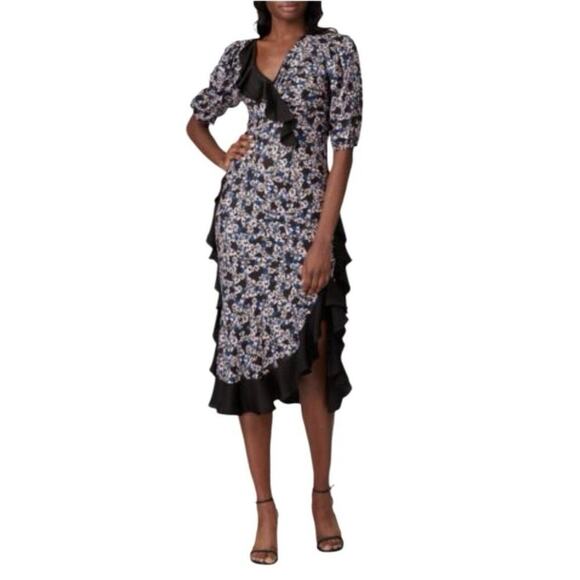 Brogger Size X-Small Black Floral Midi Ruffle Dress Silk Blend Puff Sleeve Slit - Picture 1 of 6